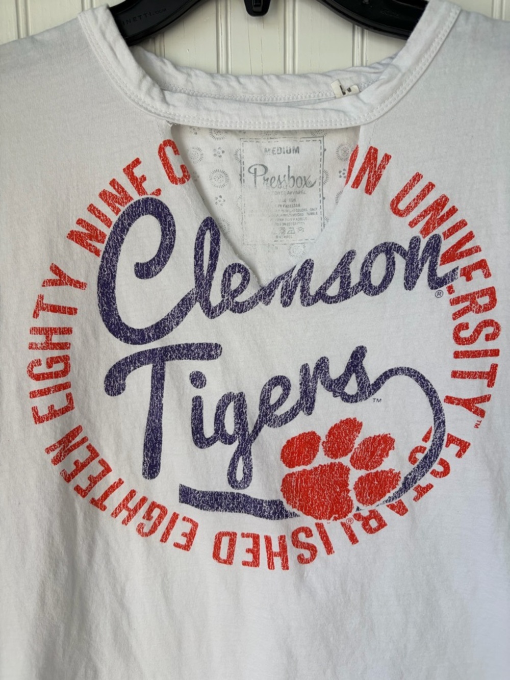 Pressbox White Tee with Orange & Purple Collegiate Script
